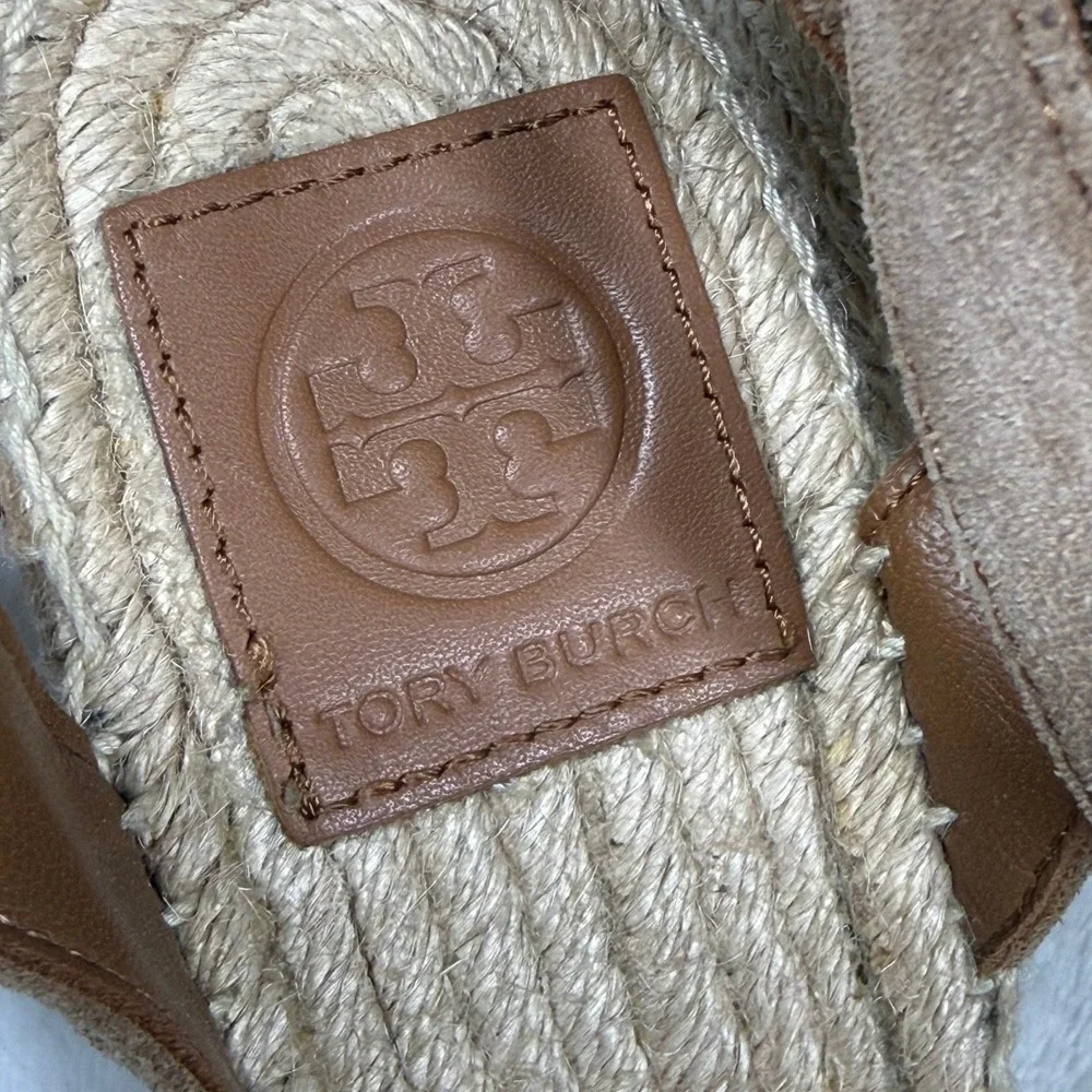 Tory Burch Ines Suede Espadrille Wedge Sandals Brown Ankle Strap 4in Heel 7.5